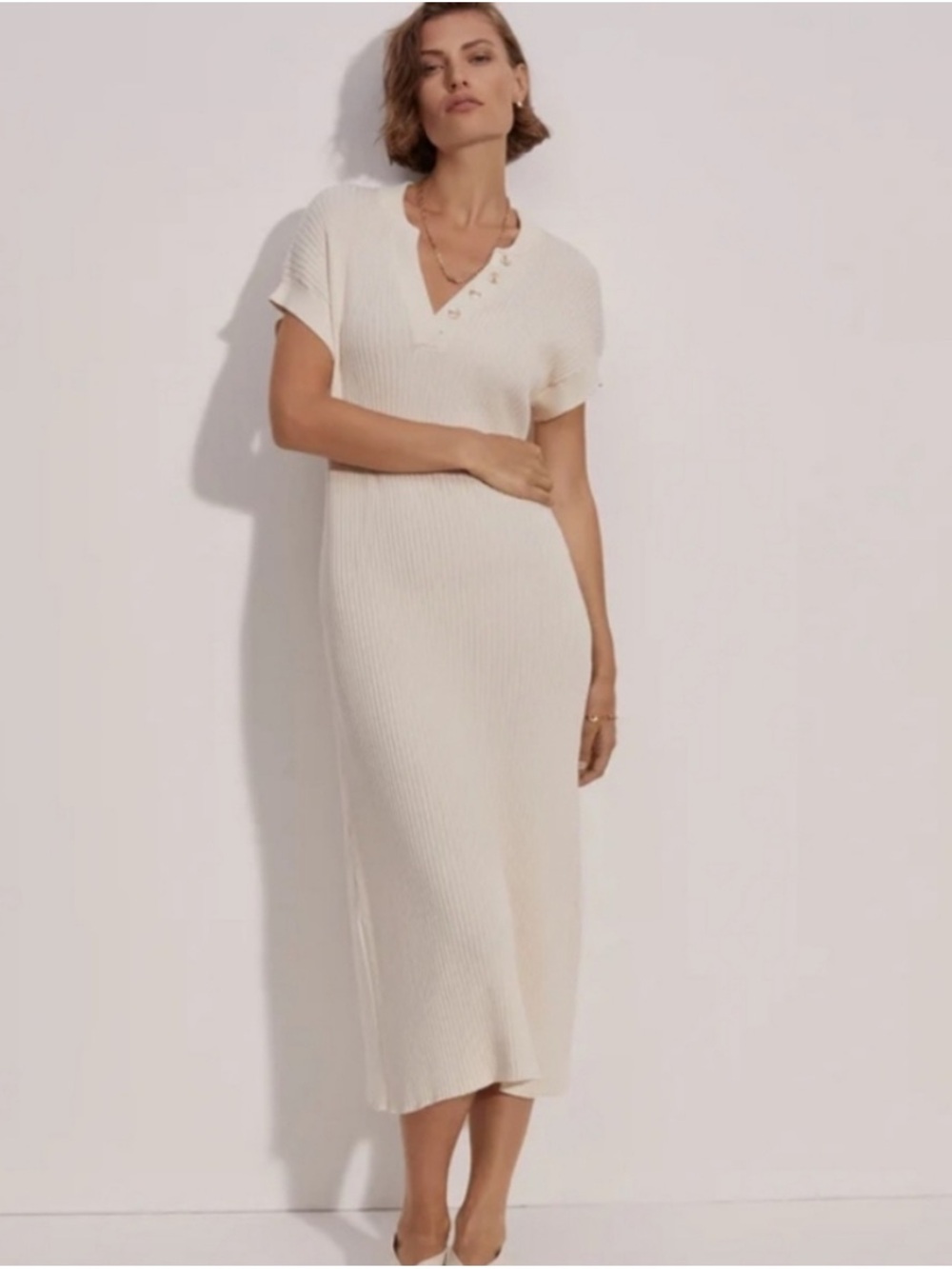 VARLEY Aria Ribbed Knit Cotton Jersey Polo Midi Dress Cream Color Extra Small XS